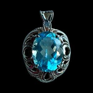 925 Sterling Silver Blue Gemstone Pendant Vintage Filigree Oval Cut Stunning